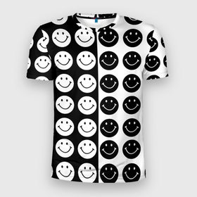 Мужская футболка 3D Slim с принтом Smiley black and white в Тюмени, 100% полиэстер с улучшенными характеристиками | приталенный силуэт, круглая горловина, широкие плечи, сужается к линии бедра | 
