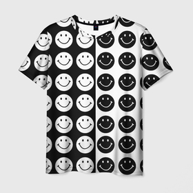Мужская футболка 3D с принтом Smiley black and white в Тюмени, 100% полиэфир | прямой крой, круглый вырез горловины, длина до линии бедер | 