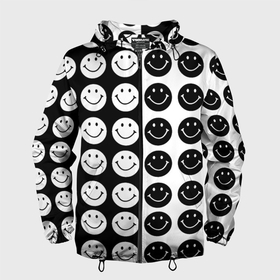 Мужская ветровка 3D с принтом Smiley black and white в Курске, 100% полиэстер | подол и капюшон оформлены резинкой с фиксаторами, два кармана без застежек по бокам, один потайной карман на груди | 
