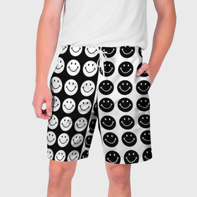 Мужские шорты 3D с принтом Smiley black and white в Санкт-Петербурге,  полиэстер 100% | прямой крой, два кармана без застежек по бокам. Мягкая трикотажная резинка на поясе, внутри которой широкие завязки. Длина чуть выше колен | 