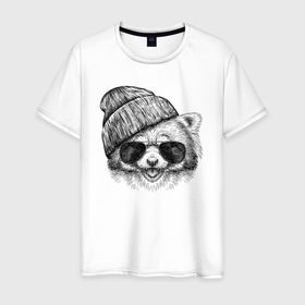 Мужская футболка хлопок с принтом Красная панда в очках в Екатеринбурге, 100% хлопок | прямой крой, круглый вырез горловины, длина до линии бедер, слегка спущенное плечо. | Тематика изображения на принте: 