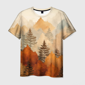 Мужская футболка 3D с принтом Осенний лес в оранжевых тонах в Новосибирске, 100% полиэфир | прямой крой, круглый вырез горловины, длина до линии бедер | 