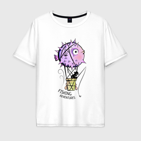 Мужская футболка хлопок Oversize с принтом Воздушный шар из рыбы фугу и рыбак с удочкой в Курске, 100% хлопок | свободный крой, круглый ворот, “спинка” длиннее передней части | Тематика изображения на принте: 