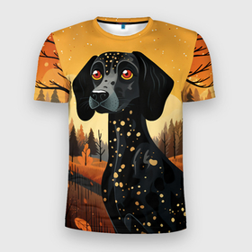 Мужская футболка 3D Slim с принтом Черная собака в стиле Фолк Арт в Кировске, 100% полиэстер с улучшенными характеристиками | приталенный силуэт, круглая горловина, широкие плечи, сужается к линии бедра | 
