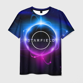 Мужская футболка 3D с принтом Starfield space logo в Санкт-Петербурге, 100% полиэфир | прямой крой, круглый вырез горловины, длина до линии бедер | 
