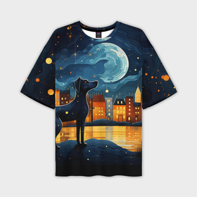 Мужская футболка oversize 3D с принтом Собака на фоне ночного города в стиле Фолк Арт в Кировске,  |  | 