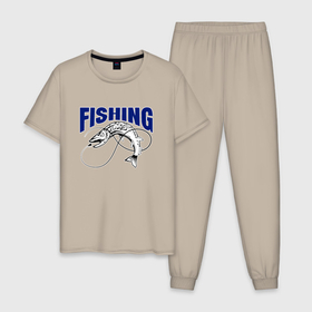 Мужская пижама хлопок с принтом Fishing щука ловит наживку , 100% хлопок | брюки и футболка прямого кроя, без карманов, на брюках мягкая резинка на поясе и по низу штанин
 | 