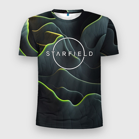 Мужская футболка 3D Slim с принтом Starfield logo green texture в Санкт-Петербурге, 100% полиэстер с улучшенными характеристиками | приталенный силуэт, круглая горловина, широкие плечи, сужается к линии бедра | 