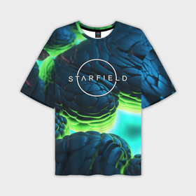 Мужская футболка oversize 3D с принтом Starfield blue green logo в Петрозаводске,  |  | 