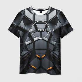 Мужская футболка 3D с принтом Логотип Старфильд на фоне абстрактной конструкции в Кировске, 100% полиэфир | прямой крой, круглый вырез горловины, длина до линии бедер | 