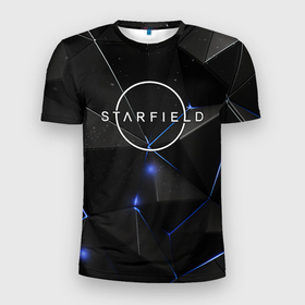 Мужская футболка 3D Slim с принтом Starfield black stars в Санкт-Петербурге, 100% полиэстер с улучшенными характеристиками | приталенный силуэт, круглая горловина, широкие плечи, сужается к линии бедра | 