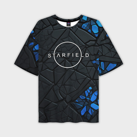 Мужская футболка oversize 3D с принтом Starfield logo black blue style в Петрозаводске,  |  | 