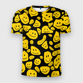 Мужская футболка 3D Slim с принтом Расплывающиеся смайлы на черном в Ухте, 100% полиэстер с улучшенными характеристиками | приталенный силуэт, круглая горловина, широкие плечи, сужается к линии бедра | 