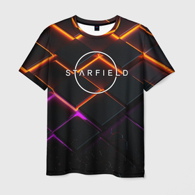 Мужская футболка 3D с принтом Starfield logo orange abstract в Санкт-Петербурге, 100% полиэфир | прямой крой, круглый вырез горловины, длина до линии бедер | Тематика изображения на принте: 