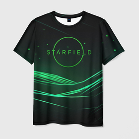 Мужская футболка 3D с принтом Starfield green logo в Санкт-Петербурге, 100% полиэфир | прямой крой, круглый вырез горловины, длина до линии бедер | Тематика изображения на принте: 