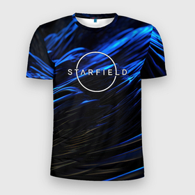 Мужская футболка 3D Slim с принтом Starfield logo blue background в Курске, 100% полиэстер с улучшенными характеристиками | приталенный силуэт, круглая горловина, широкие плечи, сужается к линии бедра | 