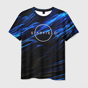 Мужская футболка 3D с принтом Starfield logo blue background , 100% полиэфир | прямой крой, круглый вырез горловины, длина до линии бедер | 