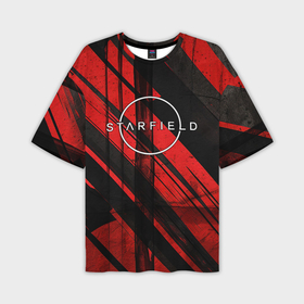 Мужская футболка oversize 3D с принтом Starfield  logo red black background в Белгороде,  |  | Тематика изображения на принте: 