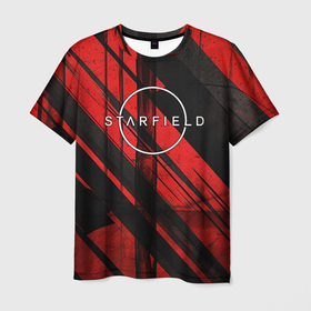 Мужская футболка 3D с принтом Starfield  logo red black background в Курске, 100% полиэфир | прямой крой, круглый вырез горловины, длина до линии бедер | 