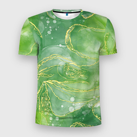 Мужская футболка 3D Slim с принтом Абстрактный зеленый мрамор с золотым в Петрозаводске, 100% полиэстер с улучшенными характеристиками | приталенный силуэт, круглая горловина, широкие плечи, сужается к линии бедра | 