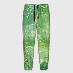 Мужские брюки 3D с принтом Абстрактный зеленый мрамор с золотым в Кировске, 100% полиэстер | манжеты по низу, эластичный пояс регулируется шнурком, по бокам два кармана без застежек, внутренняя часть кармана из мелкой сетки | 