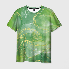 Мужская футболка 3D с принтом Абстрактный зеленый мрамор с золотым в Курске, 100% полиэфир | прямой крой, круглый вырез горловины, длина до линии бедер | 