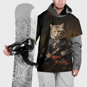Накидка на куртку 3D с принтом Кот самурай на темном фоне в Курске, 100% полиэстер |  | 