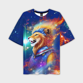 Мужская футболка oversize 3D с принтом Космический лев   неоновое свечение в Петрозаводске,  |  | Тематика изображения на принте: 