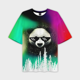 Мужская футболка oversize 3D с принтом Панда в очках на фоне северного сияния и леса ,  |  | 