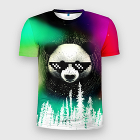 Мужская футболка 3D Slim с принтом Панда в очках на фоне северного сияния и леса , 100% полиэстер с улучшенными характеристиками | приталенный силуэт, круглая горловина, широкие плечи, сужается к линии бедра | 