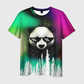 Мужская футболка 3D с принтом Панда в очках на фоне северного сияния и леса в Санкт-Петербурге, 100% полиэфир | прямой крой, круглый вырез горловины, длина до линии бедер | 