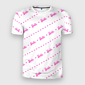 Мужская футболка 3D Slim с принтом Барби паттерн   логотип и сердечки в Петрозаводске, 100% полиэстер с улучшенными характеристиками | приталенный силуэт, круглая горловина, широкие плечи, сужается к линии бедра | 