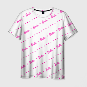 Мужская футболка 3D с принтом Барби паттерн   логотип и сердечки в Санкт-Петербурге, 100% полиэфир | прямой крой, круглый вырез горловины, длина до линии бедер | Тематика изображения на принте: 