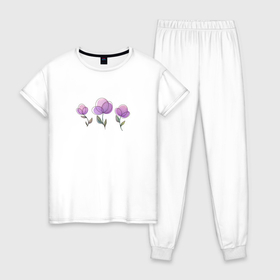 Женская пижама хлопок с принтом Акварельные сиреневые цветы в Курске, 100% хлопок | брюки и футболка прямого кроя, без карманов, на брюках мягкая резинка на поясе и по низу штанин | 