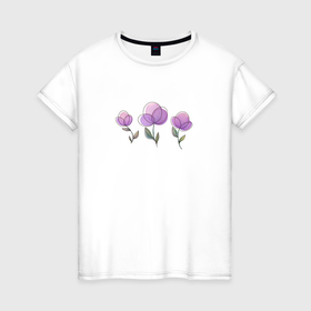 Женская футболка хлопок с принтом Акварельные сиреневые цветы в Екатеринбурге, 100% хлопок | прямой крой, круглый вырез горловины, длина до линии бедер, слегка спущенное плечо | 
