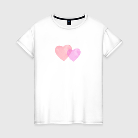 Женская футболка хлопок с принтом Два розовых сердца в Петрозаводске, 100% хлопок | прямой крой, круглый вырез горловины, длина до линии бедер, слегка спущенное плечо | 