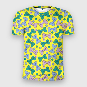Мужская футболка 3D Slim с принтом Цветные бантики на желтом фоне , 100% полиэстер с улучшенными характеристиками | приталенный силуэт, круглая горловина, широкие плечи, сужается к линии бедра | 