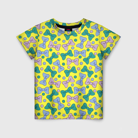 Детская футболка 3D с принтом Цветные бантики на желтом фоне в Санкт-Петербурге, 100% гипоаллергенный полиэфир | прямой крой, круглый вырез горловины, длина до линии бедер, чуть спущенное плечо, ткань немного тянется | 