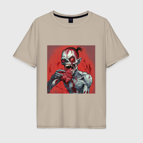 Мужская футболка хлопок Oversize с принтом Зомби с большими красными глазами ест мясо в Белгороде, 100% хлопок | свободный крой, круглый ворот, “спинка” длиннее передней части | Тематика изображения на принте: 