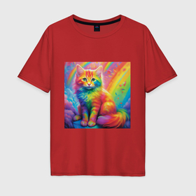 Мужская футболка хлопок Oversize с принтом Радужный кот в Петрозаводске, 100% хлопок | свободный крой, круглый ворот, “спинка” длиннее передней части | 