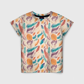 Детская футболка 3D с принтом Разноцветные перья узор в Екатеринбурге, 100% гипоаллергенный полиэфир | прямой крой, круглый вырез горловины, длина до линии бедер, чуть спущенное плечо, ткань немного тянется | Тематика изображения на принте: 