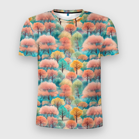 Мужская футболка 3D Slim с принтом Деревья разноцветные узор в Белгороде, 100% полиэстер с улучшенными характеристиками | приталенный силуэт, круглая горловина, широкие плечи, сужается к линии бедра | 