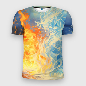 Мужская футболка 3D Slim с принтом Вода и пламя абстракция в Курске, 100% полиэстер с улучшенными характеристиками | приталенный силуэт, круглая горловина, широкие плечи, сужается к линии бедра | Тематика изображения на принте: 