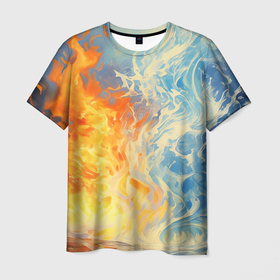 Мужская футболка 3D с принтом Вода и пламя абстракция в Курске, 100% полиэфир | прямой крой, круглый вырез горловины, длина до линии бедер | 