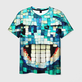 Мужская футболка 3D с принтом Смайлик из бирюзовой мазайке в Екатеринбурге, 100% полиэфир | прямой крой, круглый вырез горловины, длина до линии бедер | 