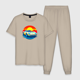 Мужская пижама хлопок с принтом Ретро автомобиль на фоне заката в Тюмени, 100% хлопок | брюки и футболка прямого кроя, без карманов, на брюках мягкая резинка на поясе и по низу штанин
 | 