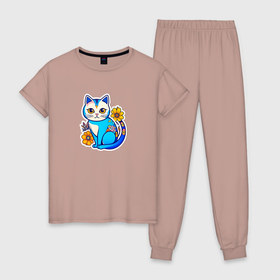 Женская пижама хлопок с принтом Стикер   цветочный кот   нейросеть в Санкт-Петербурге, 100% хлопок | брюки и футболка прямого кроя, без карманов, на брюках мягкая резинка на поясе и по низу штанин | 