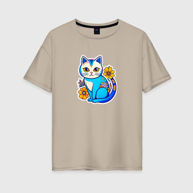 Женская футболка хлопок Oversize с принтом Стикер   цветочный кот   нейросеть в Кировске, 100% хлопок | свободный крой, круглый ворот, спущенный рукав, длина до линии бедер
 | 