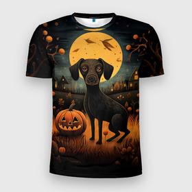 Мужская футболка 3D Slim с принтом Собака на фоне луны хэллоуин в стиле Фолк Арт в Екатеринбурге, 100% полиэстер с улучшенными характеристиками | приталенный силуэт, круглая горловина, широкие плечи, сужается к линии бедра | 