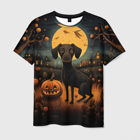 Мужская футболка 3D с принтом Собака на фоне луны хэллоуин в стиле Фолк Арт в Белгороде, 100% полиэфир | прямой крой, круглый вырез горловины, длина до линии бедер | 